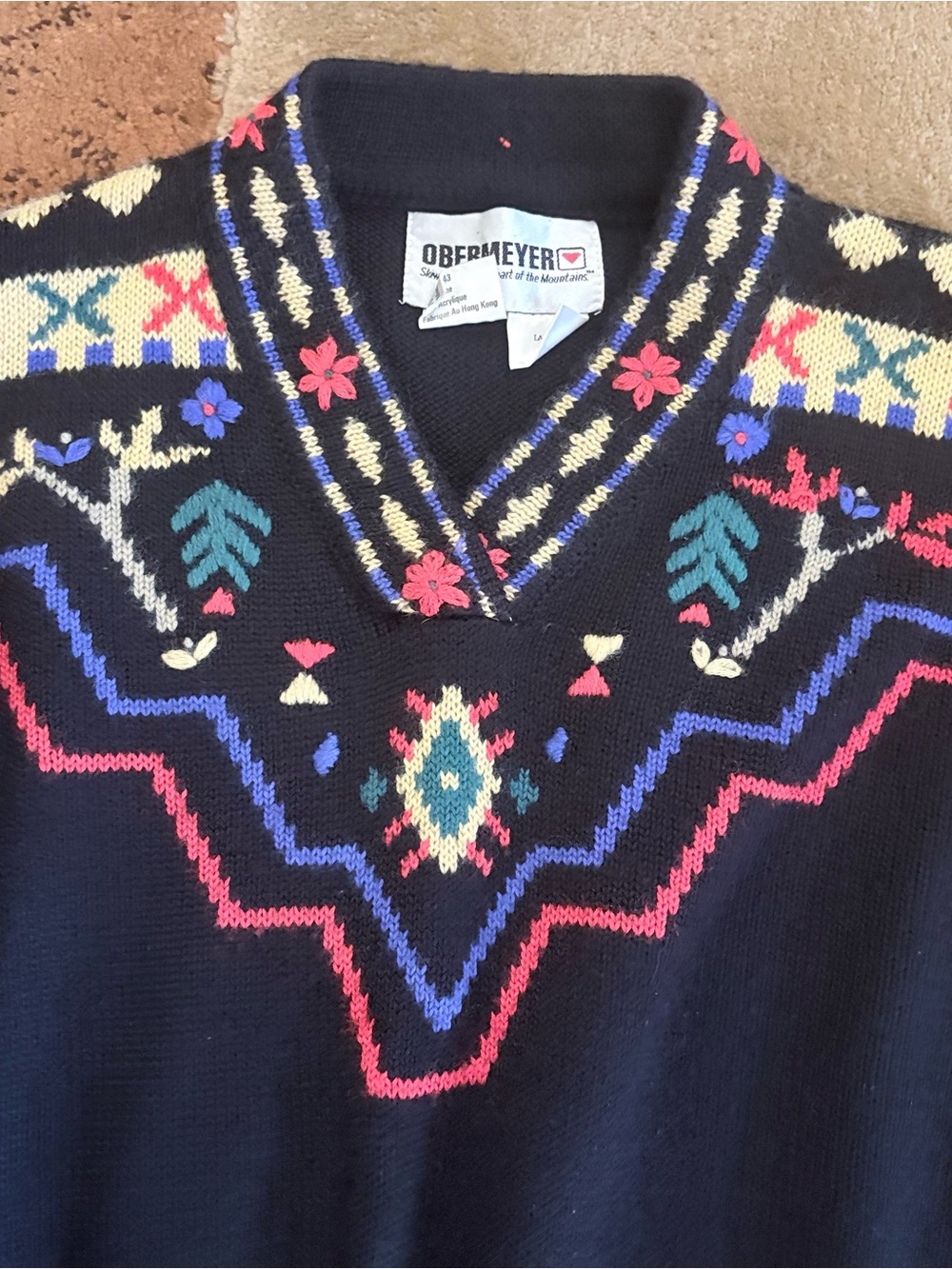 Vintage Obermyer Black V-Neck Sweater with Multicolor Folk Motif - Picture 3 of 6